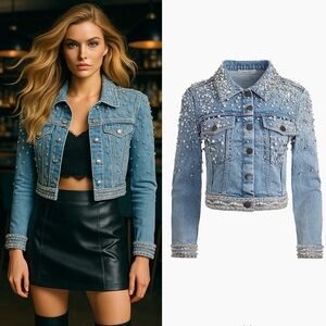 ALICE + OLIVIA Nelson Embellished Beaded Cropped Fitted Denim Jean Jacket Sm NEW
